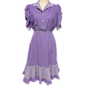 vintage women's sz 11 purple white fit and flare short sleeve day dress